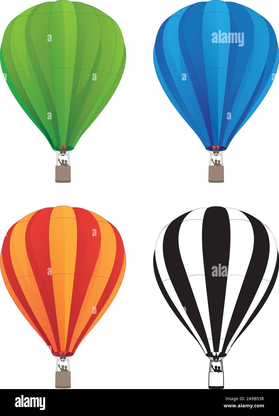Hot Air Balloon Set in Green, Blue, Red Orange, and Black Line Art, Isolated Vector Illustration Stock Vector