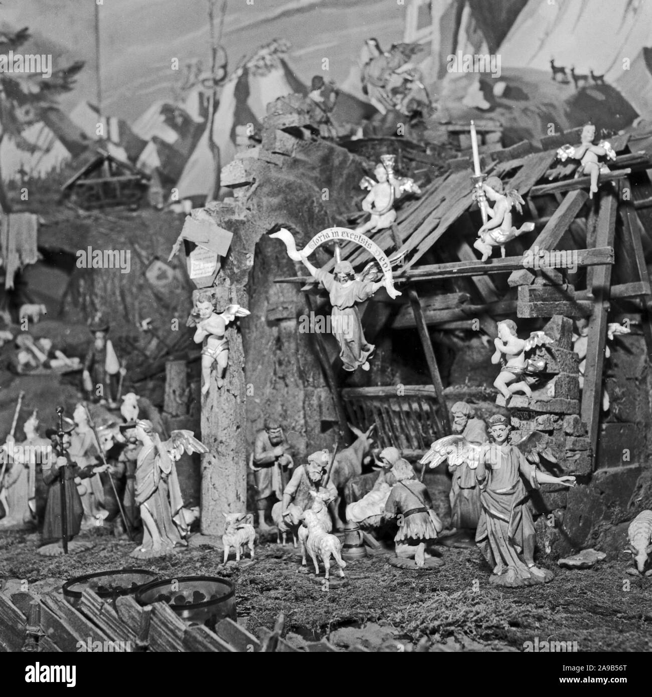 View to a big nativity set during christmas time, Germany 1955 Stock Photo