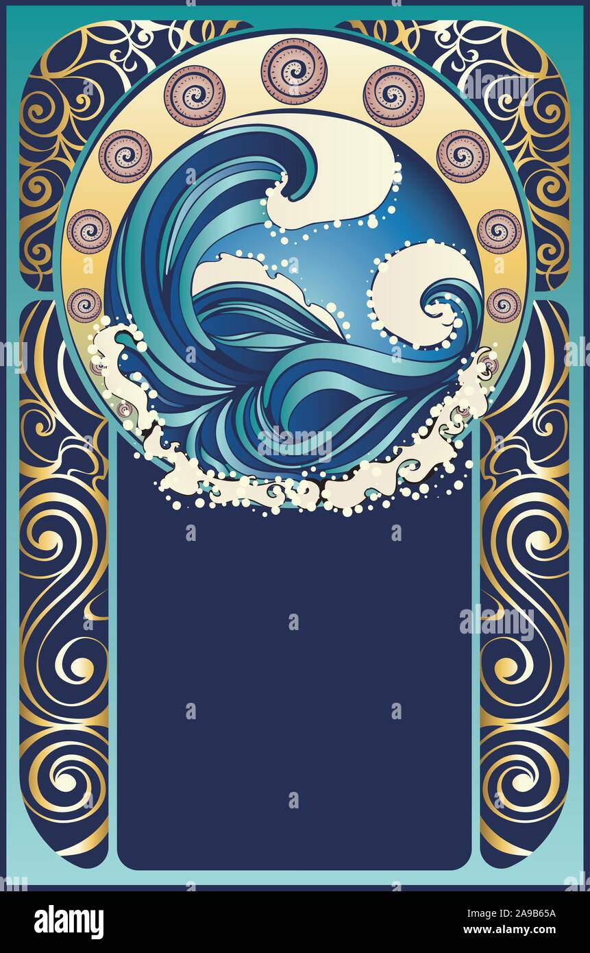 Big waves of stormy ocean, sea, art nouveau design illustration. Stock Vector