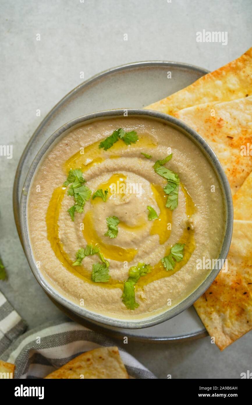 Baba ganoush,Arabian appetizer roasted eggplant dip served with Pita chips Stock Photo Alamy