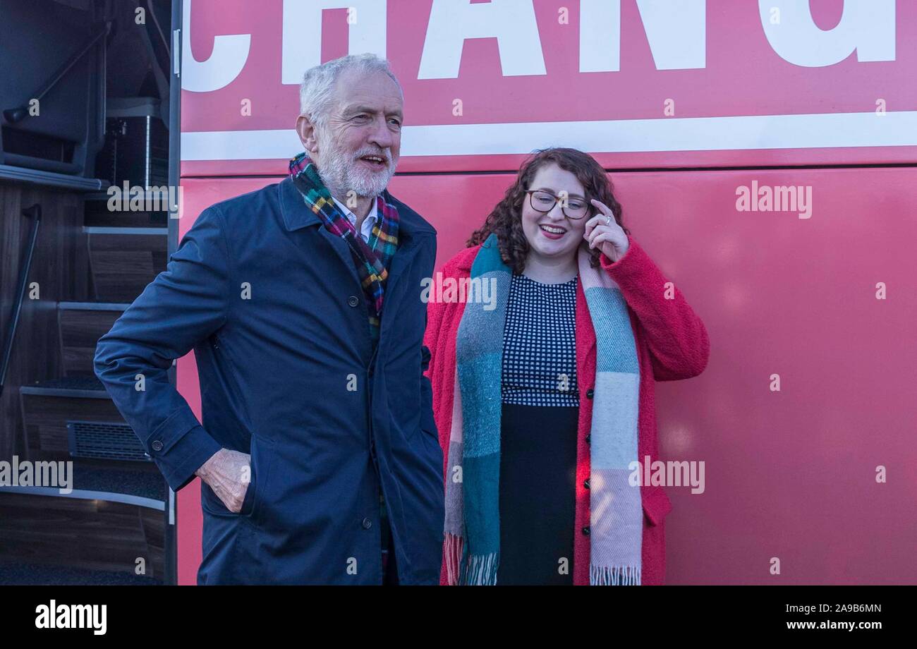 Newtongrange, United Kingdom. 14 November, 2019 Pictured: Jeremy Corbyn and candidate Danielle Rowley at National Mining Museum in Newtongrange. Labour leader, Jeremy Corbyn continues his visit to Scotland as part of his UK Election campaign. Credit: Rich Dyson/Alamy Live News Stock Photo
