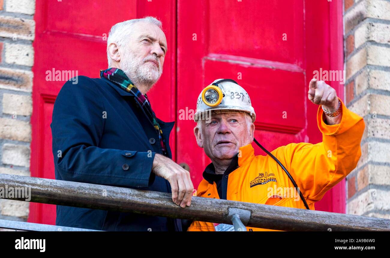 Newtongrange, United Kingdom. 14 November, 2019 Pictured: Jeremy Corbyn with ex-miner John Kane at National Mining Museum in Newtongrange. Labour leader, Jeremy Corbyn continues his visit to Scotland as part of his UK Election campaign. Credit: Rich Dyson/Alamy Live News Stock Photo