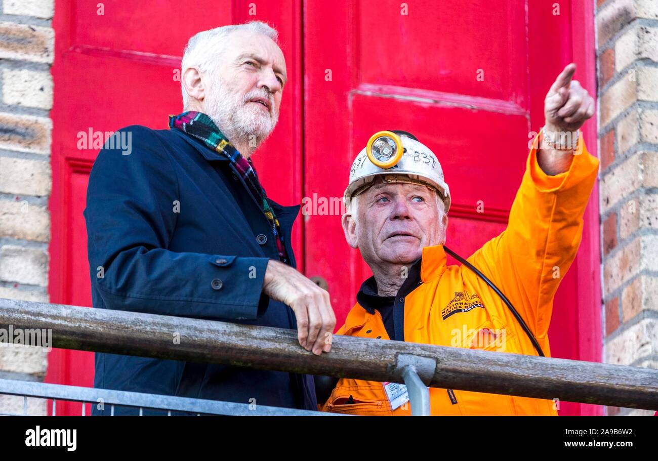 Newtongrange, United Kingdom. 14 November, 2019 Pictured: Jeremy Corbyn with ex-miner John Kane at National Mining Museum in Newtongrange. Labour leader, Jeremy Corbyn continues his visit to Scotland as part of his UK Election campaign. Credit: Rich Dyson/Alamy Live News Stock Photo