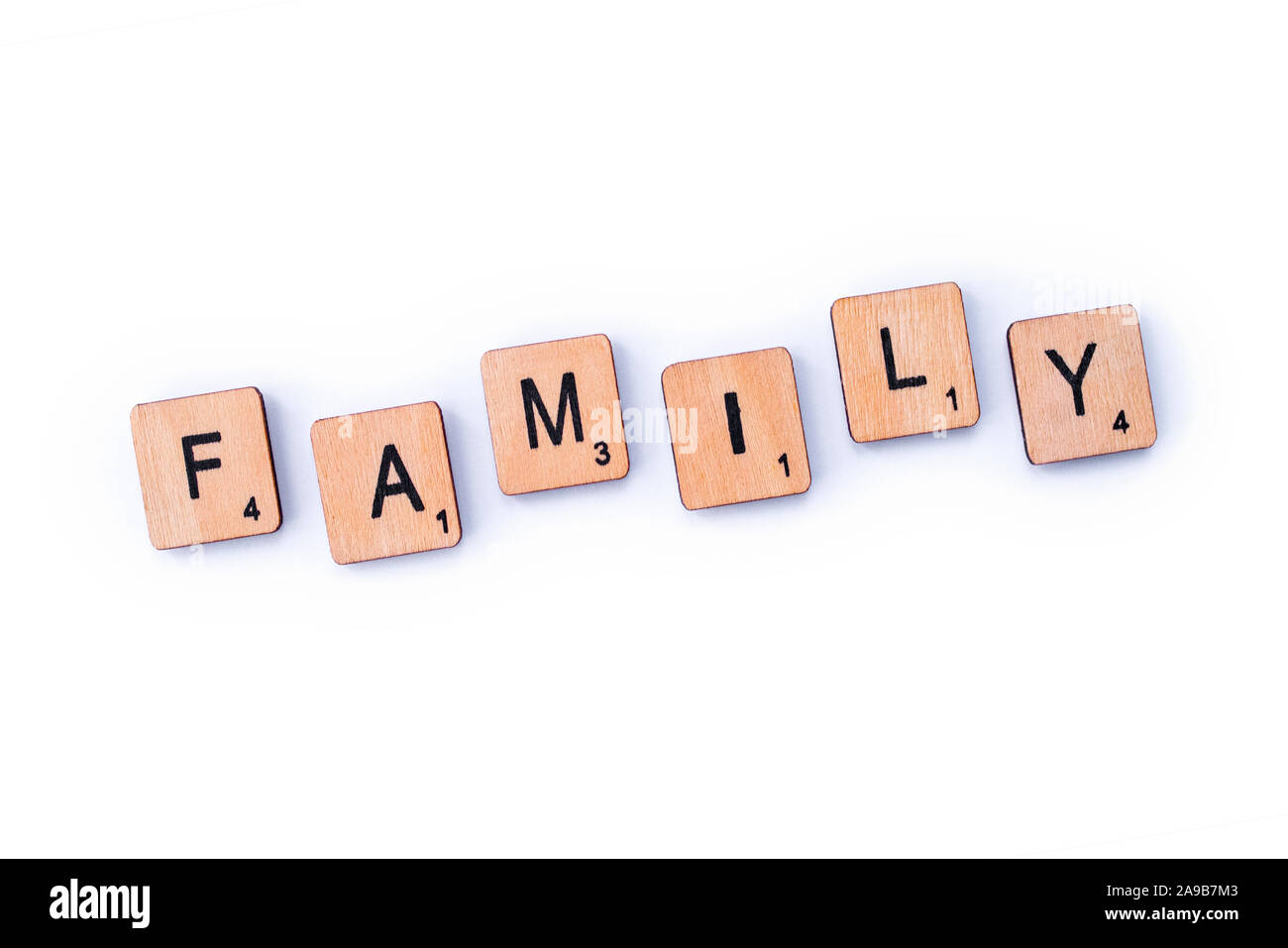 London, UK - February 6th 2019: The word FAMILY, spelt with wooden ...