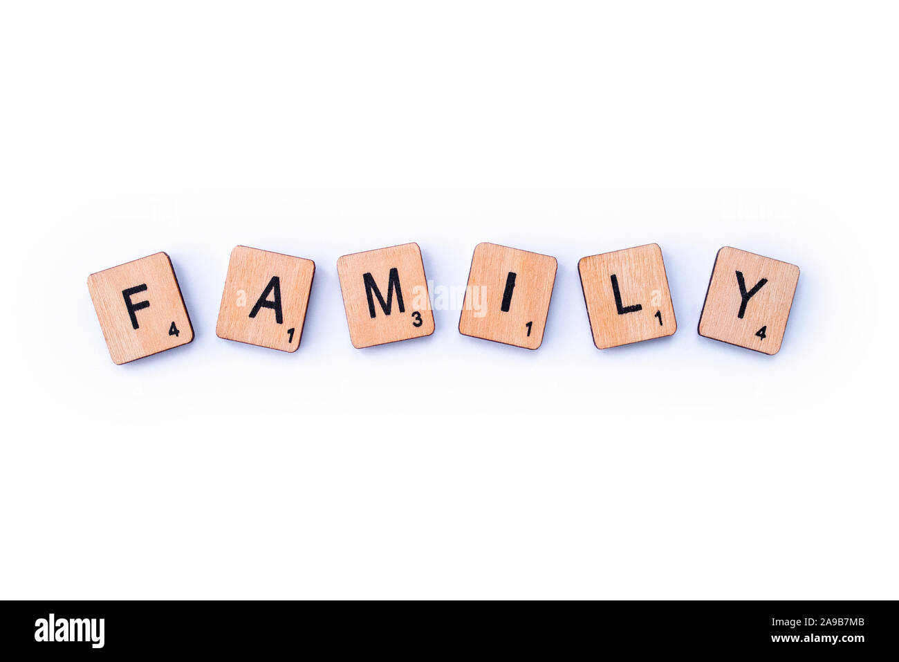 London, UK - February 6th 2019: The word FAMILY, spelt with wooden ...