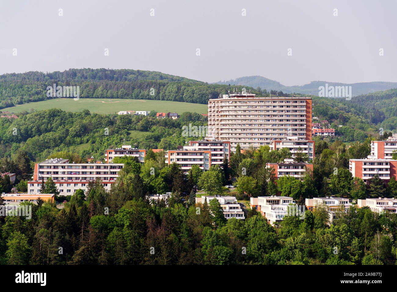 Zlin skyline with segment of southern slopes prefab housing estate, Moravia, Czech Republic, sunny summer day Stock Photo