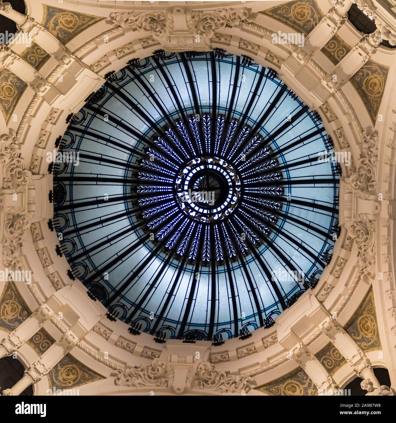 stained glass circular cupola. Interior decoration in early 20th