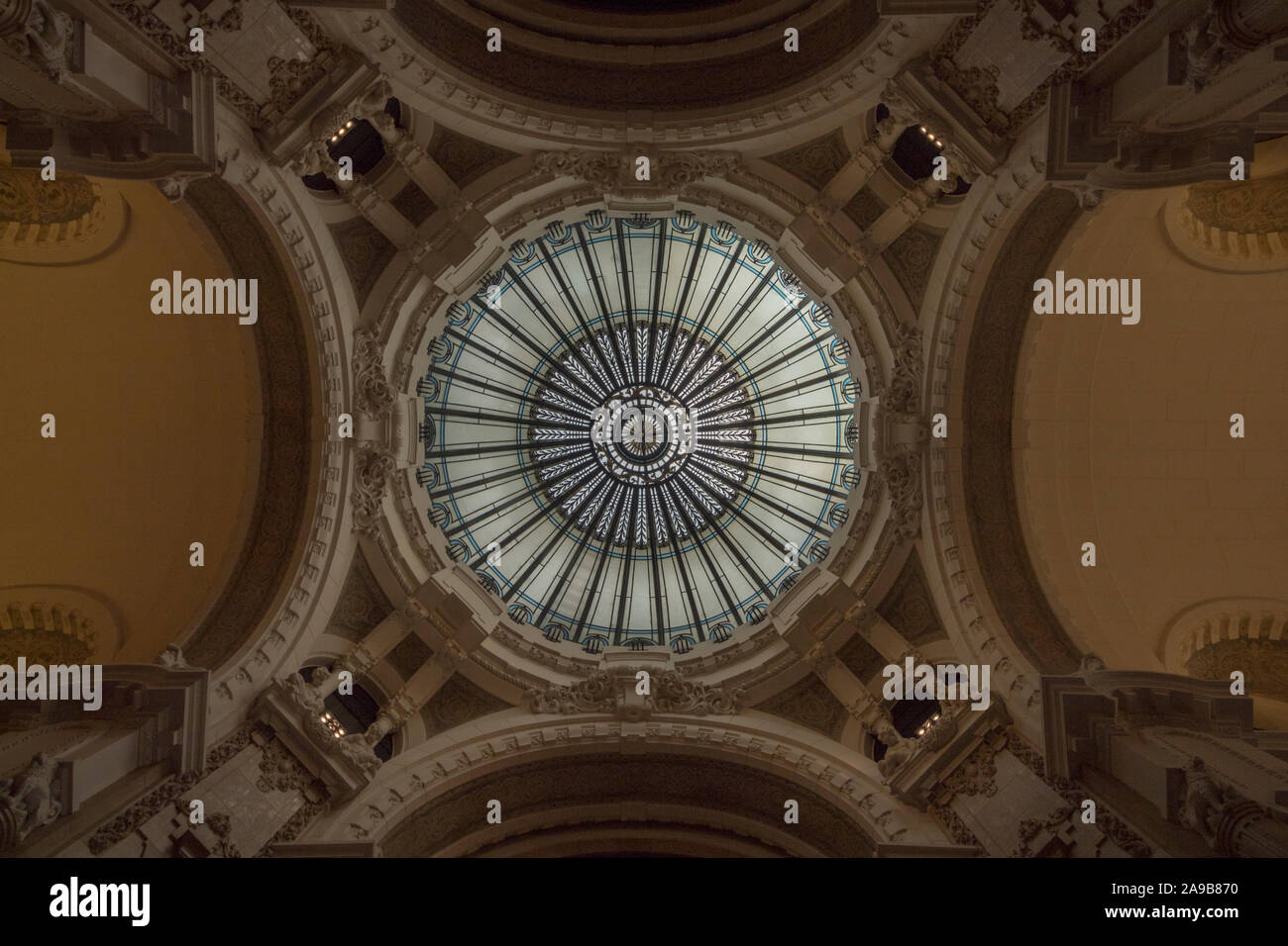 stained glass circular cupola. Interior decoration in early 20th