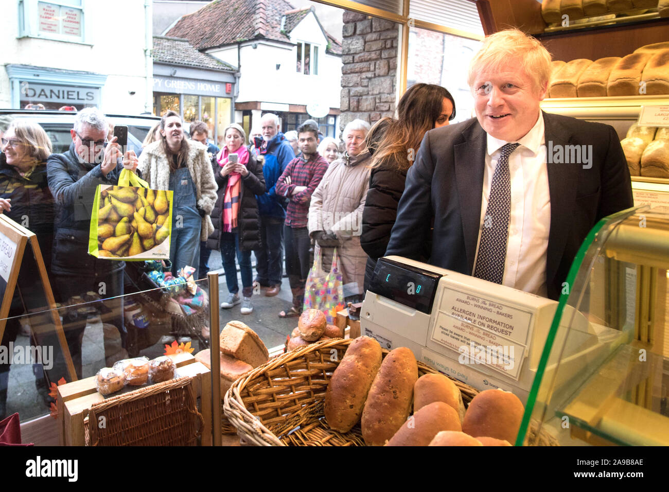 Prime minister boris johnson in burns the bread bakery hires stock