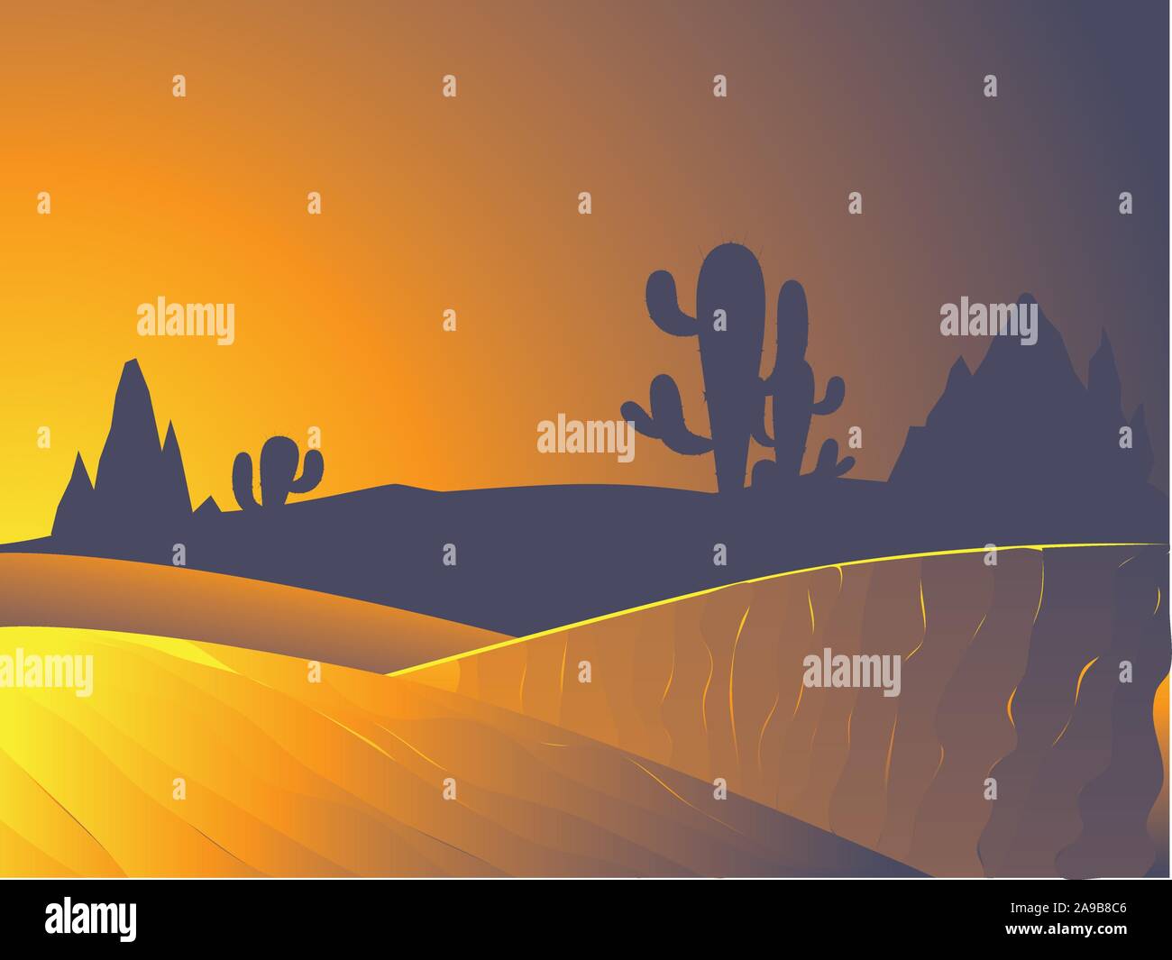 Sunset in the desert landscape with cacti and distant rocks silhouettes ...