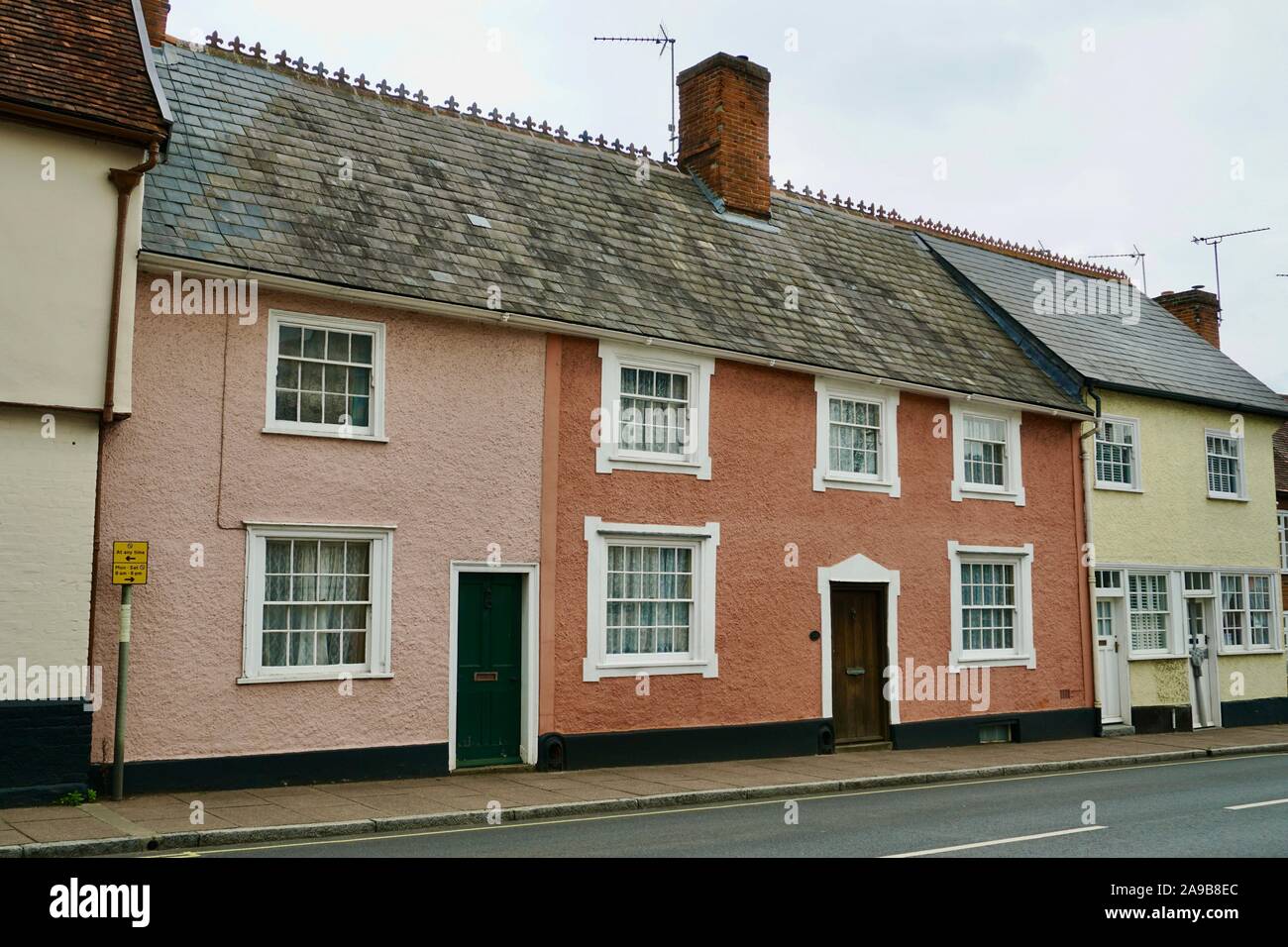 Street view showing medieval houses in Needham Market, Suffolk, England