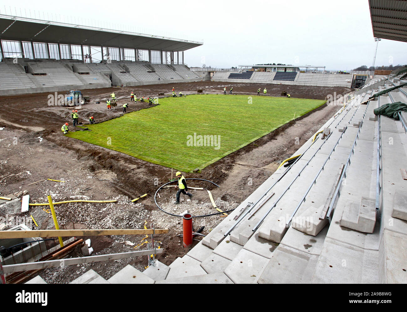 Grass laid on a soccer field. Construction of Linköping arena. Photo