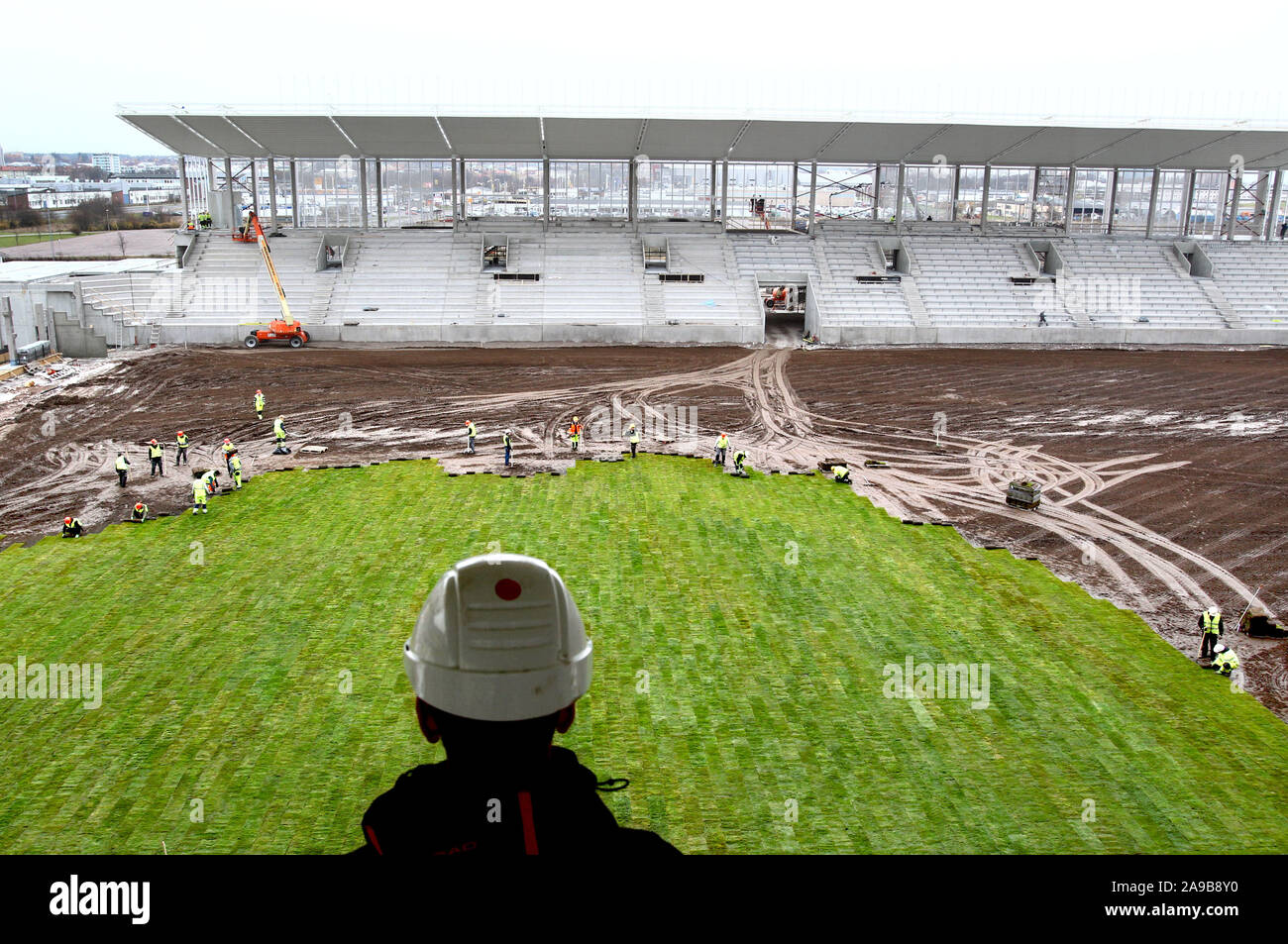 Grass laid on a soccer field. Construction of Linköping arena. Photo