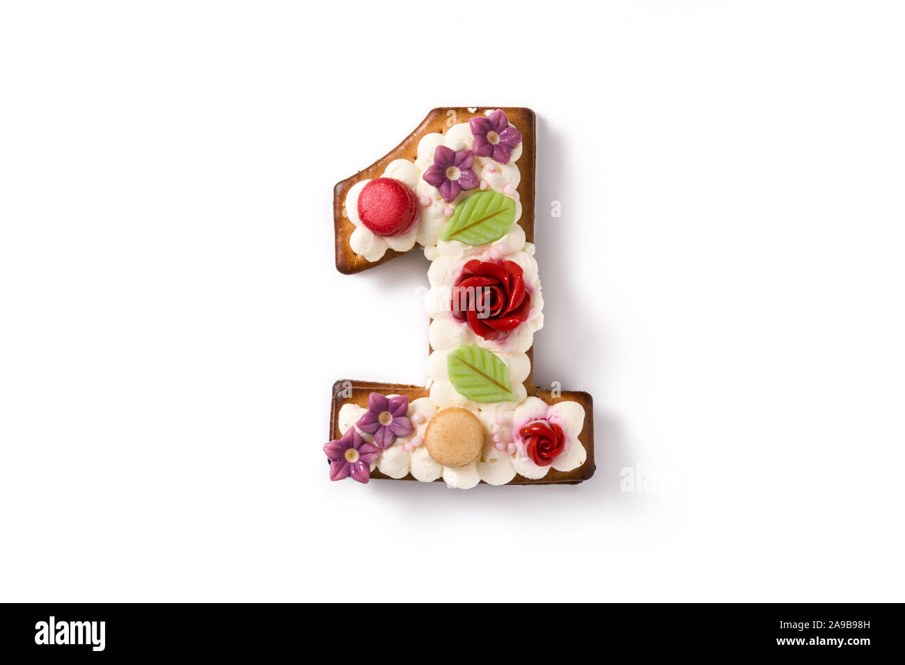Number One Cake Decorated With Flowers And Macarons Isolated On