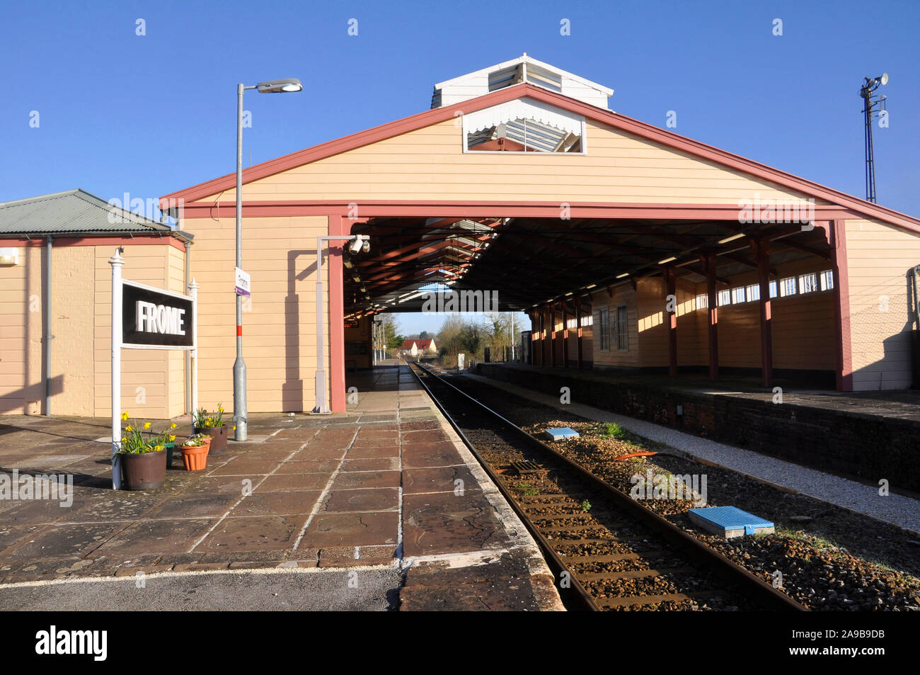 Frome railway station,one of the oldest through train shed railway stations still in use.Wooden construction opened in 1850 to a design by G Hannaford Stock Photo