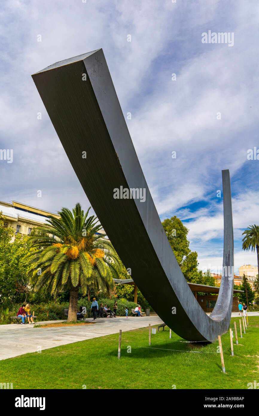 NICE, FRANCE - OCTOBER 6, 2019: Unidentified people by Arc de 115.5 Degreest in Albert I Garden at Nice, France. This conceptual art was made by Berna Stock Photo