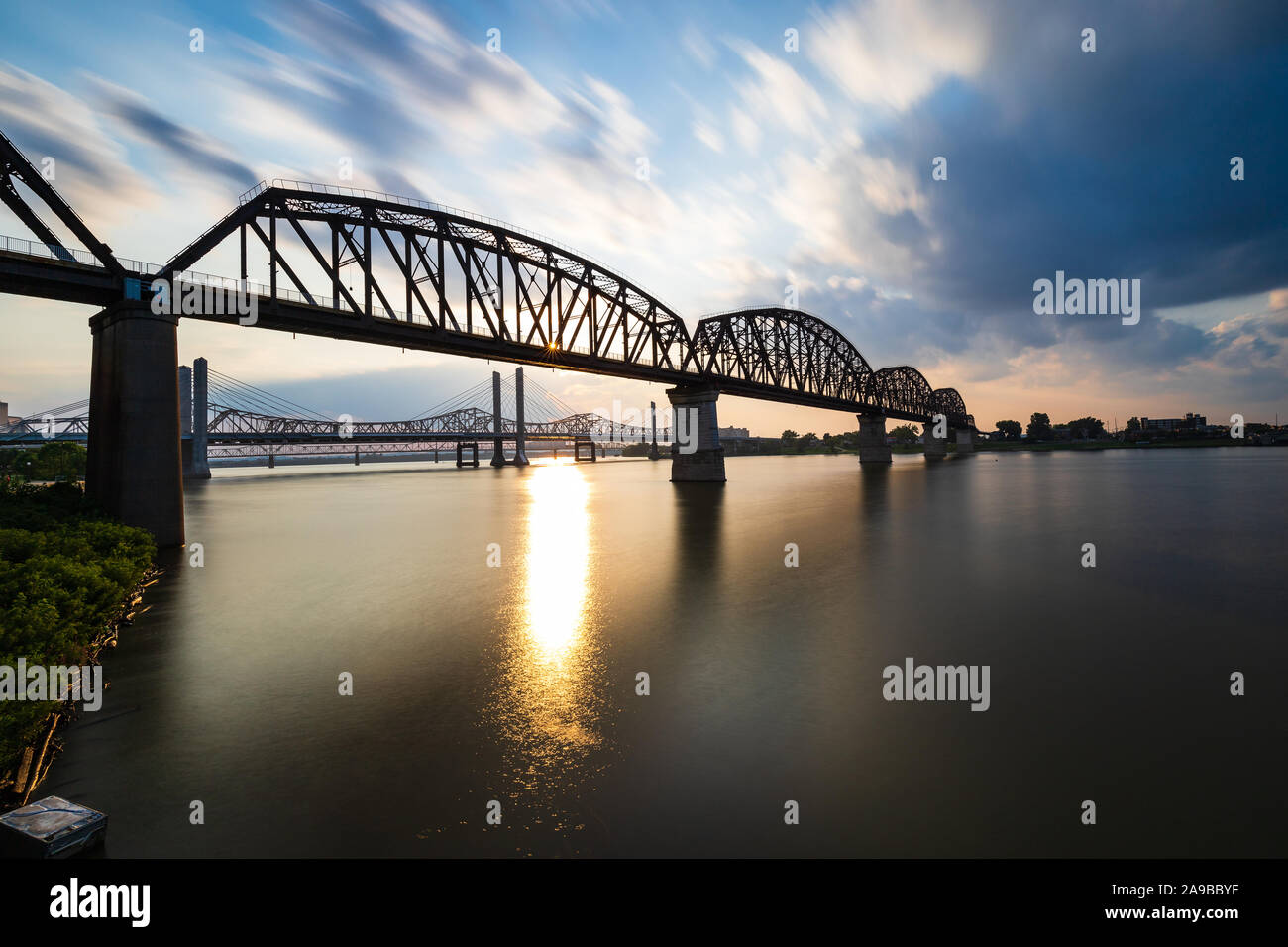 The Big Four Bridge going over the Ohio River from Louisville, KY to Indiana. Stock Photo
