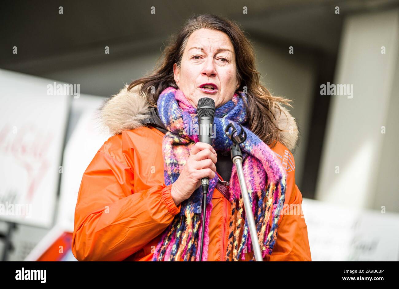 Munich, Bavaria, Germany. 14th Nov, 2019. ANDREA ROTH of the Bayerischer Journalisten Verband (Bavarian Journalist Union). Demanding a raise of 7, 8% over 33 months, along with increases of payments, licenses, and other payouts, the Bavarian Journalist Union (Bayerischer Journalisten Verband) called for another 48-hour strike against the Bayerischer Rundfunk media house in Munich. The strike encompasses journalists, redaction/editorial staff, and those in related roles with at least 350 in attendance at the Munich location. Credit: ZUMA Press, Inc./Alamy Live News Stock Photo
