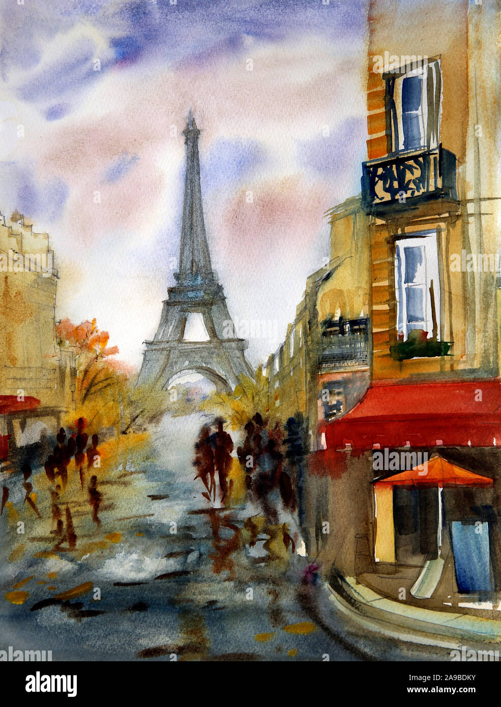 Watercolor painting of Paris street with Eiffel Tower Stock Photo