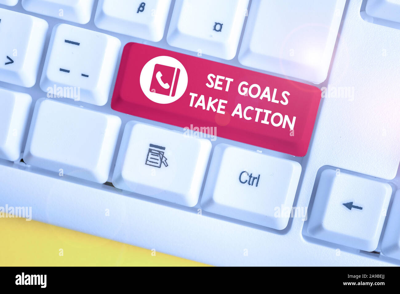 Handwriting text Set Goals Take Action. Conceptual photo Act on a specific and clearly laid out plans White pc keyboard with empty note paper above wh Stock Photo