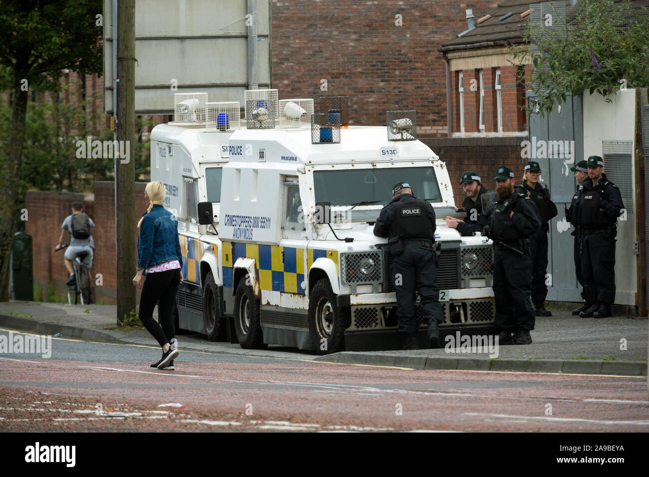 12.07.2019, Belfast, Northern Ireland, United Kingdom - Police on Orangemens Day, Protestant, politically charged and annual holiday commemorating the Stock Photo