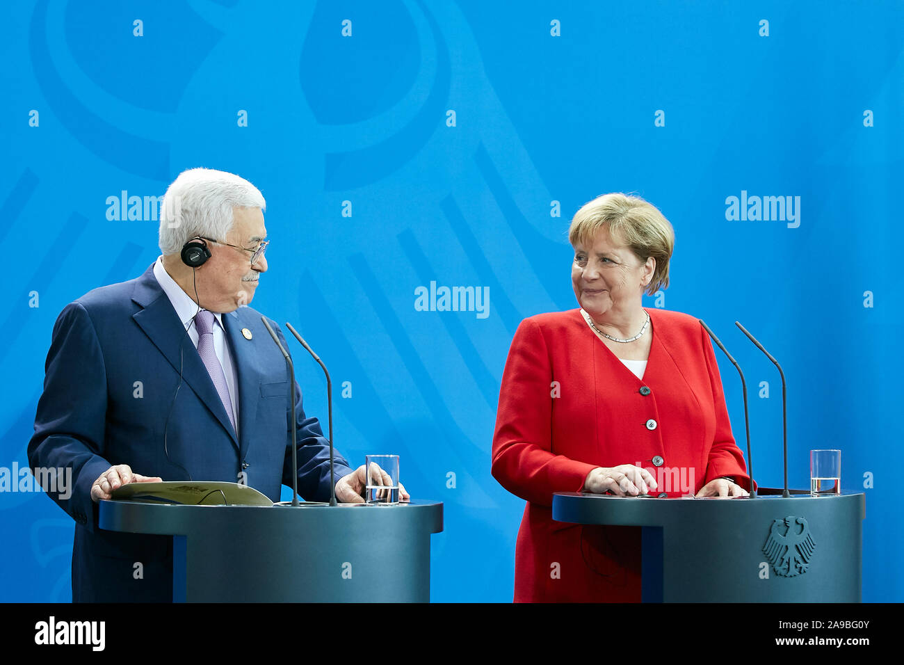 29.08.2019, Berlin, Berlin, Germany - Chancellor Angela Merkel and Mahmoud Abbas, President of the Palestinian Authority at the joint press conference Stock Photo