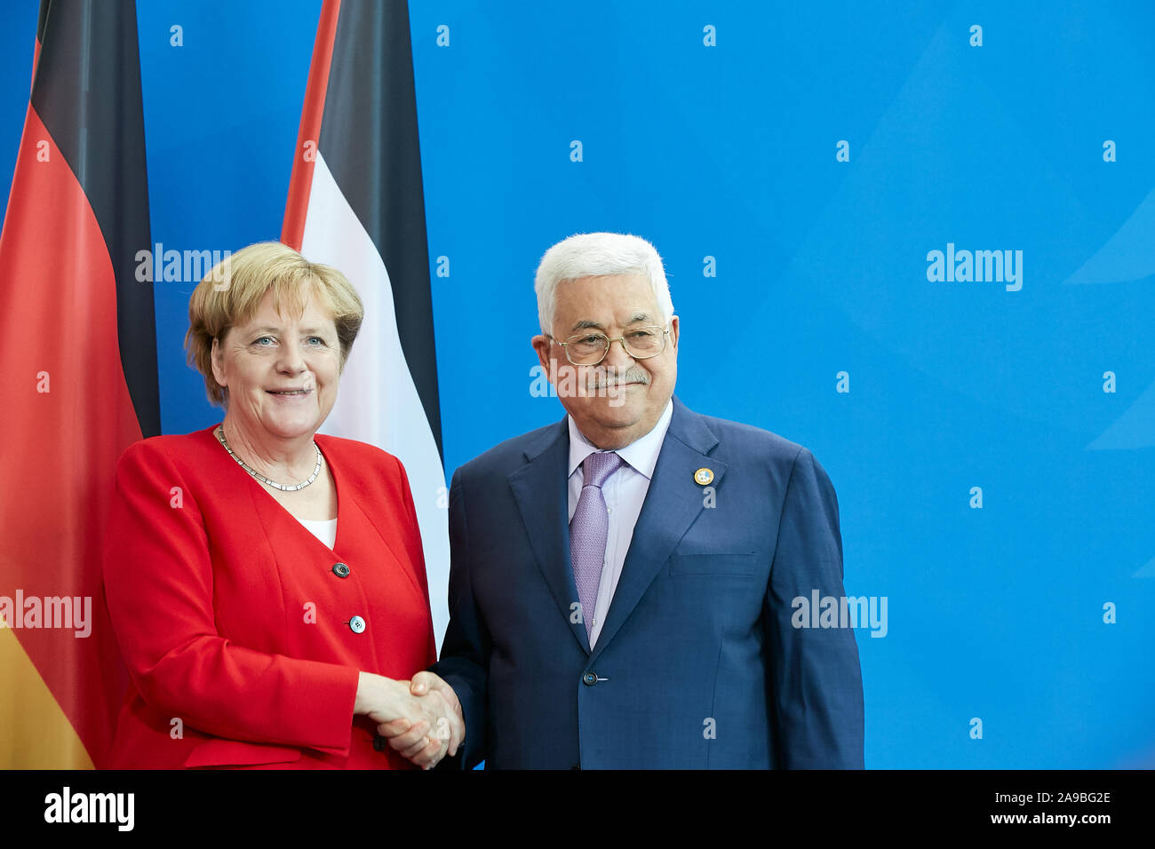 29.08.2019, Berlin, Berlin, Germany - Chancellor Angela Merkel and Mahmoud Abbas, President of the Palestinian Authority. 00R190829D117CAROEX.JPG [MOD Stock Photo