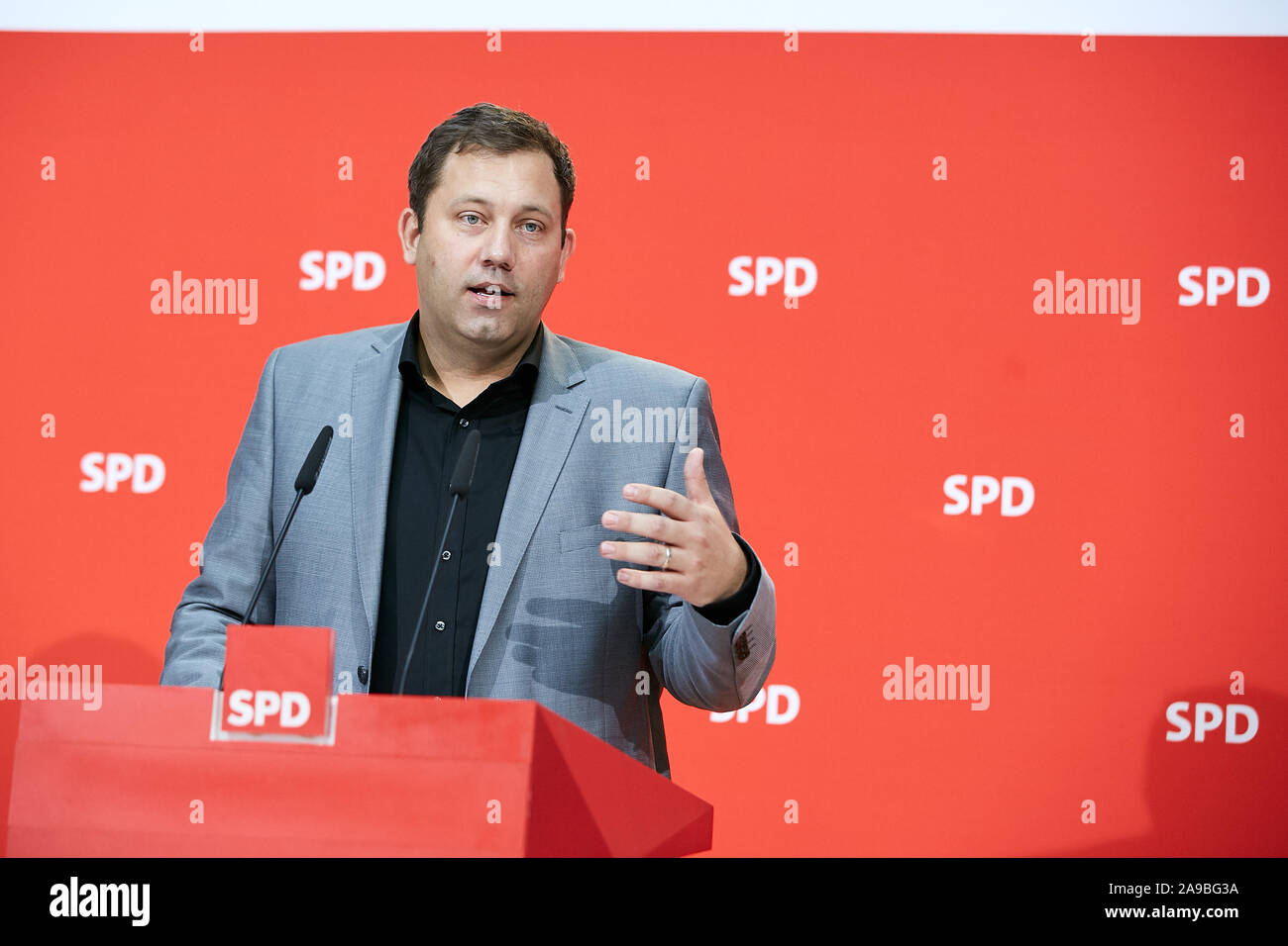 14.10.2019, Berlin, Berlin, Germany - Lars Klingbeil, Secretary General of the SPD at a press conference in the Willy Brandt House. 00R191014D013CAROE Stock Photo