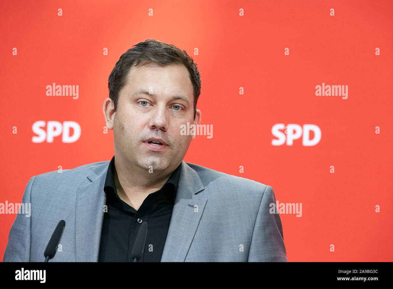 14.10.2019, Berlin, Berlin, Germany - Lars Klingbeil, Secretary General of the SPD, at a press conference in the Willy Brandt House. 00R191014D022CARO Stock Photo