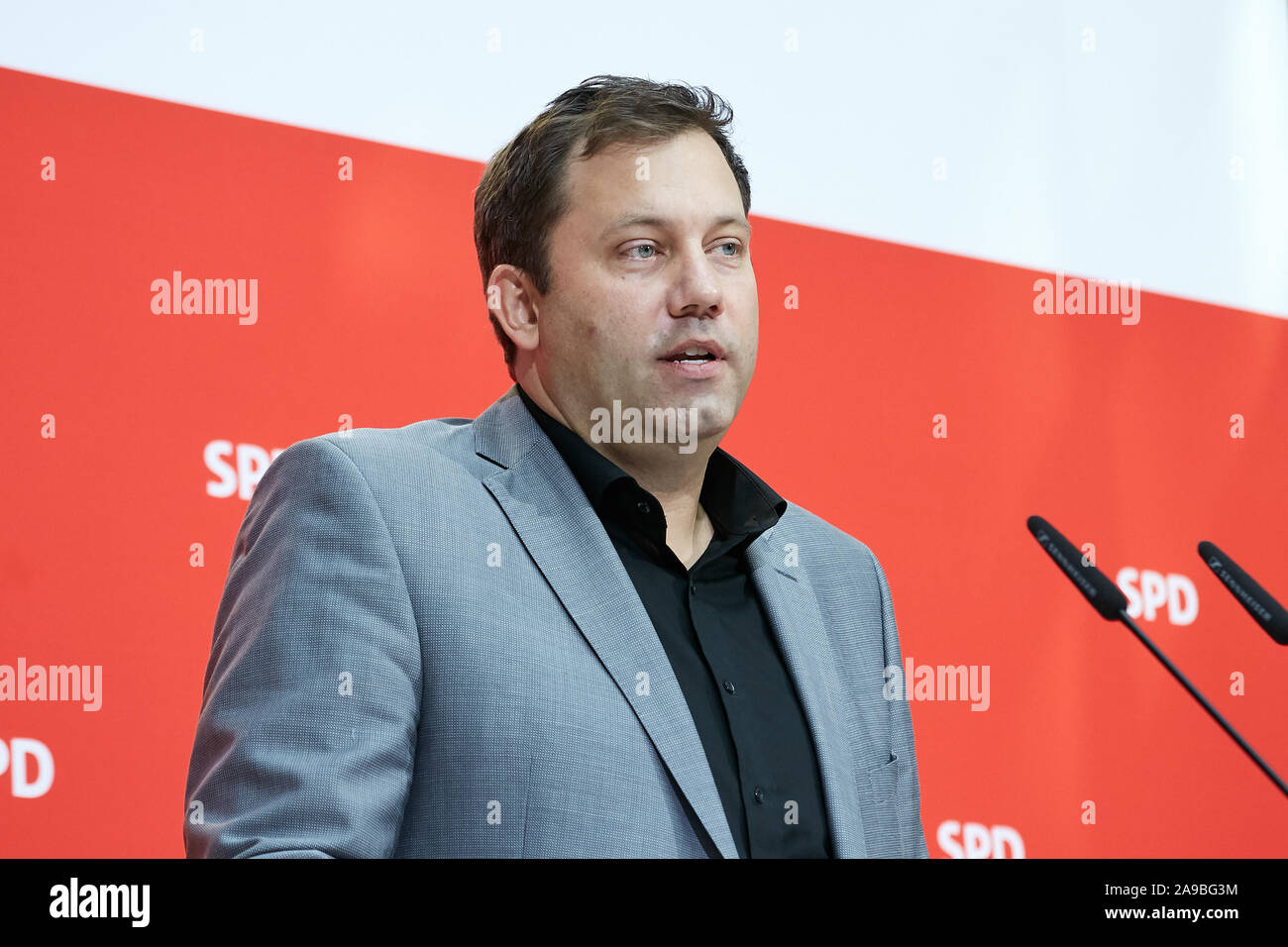 14.10.2019, Berlin, Berlin, Germany - Lars Klingbeil, Secretary General of the SPD at a press conference in the Willy Brandt House. 00R191014D045CAROE Stock Photo