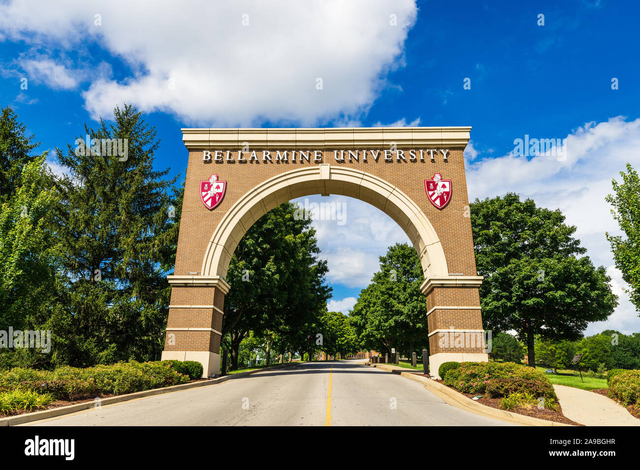 Bellarmine University is an independent, private Catholic university that was established in 1950. Entrance of school. Stock Photo