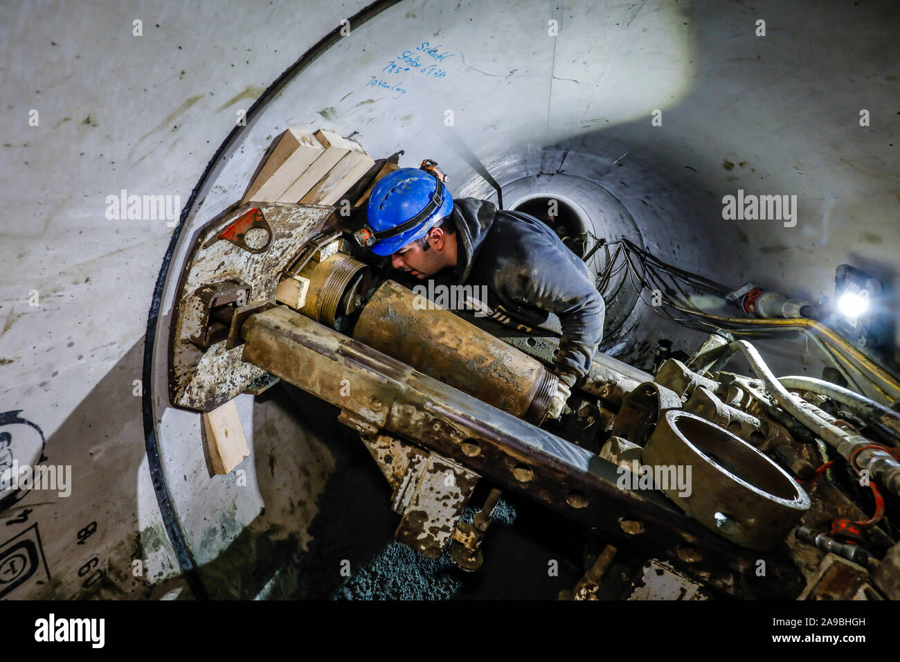 06.06.2019, Essen, North Rhine-Westphalia, Germany - House connection drillings from a newly laid sewer pipe. 00X190606D012CAROEX.JPG [MODEL RELEASE: Stock Photo