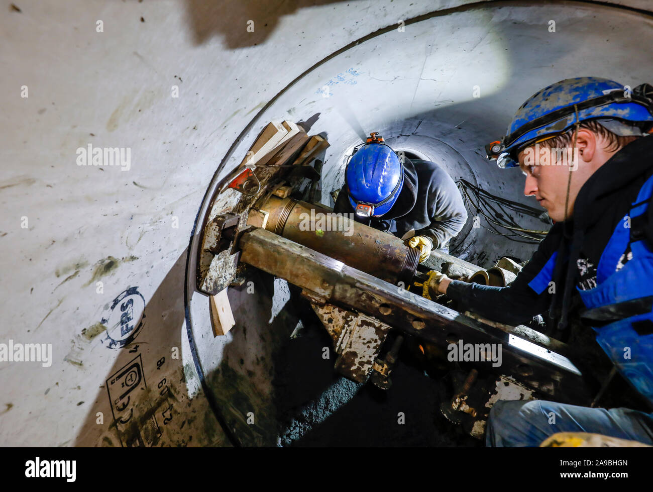 06.06.2019, Essen, North Rhine-Westphalia, Germany - House connection drillings from a newly laid sewer pipe. 00X190606D005CAROEX.JPG [MODEL RELEASE: Stock Photo