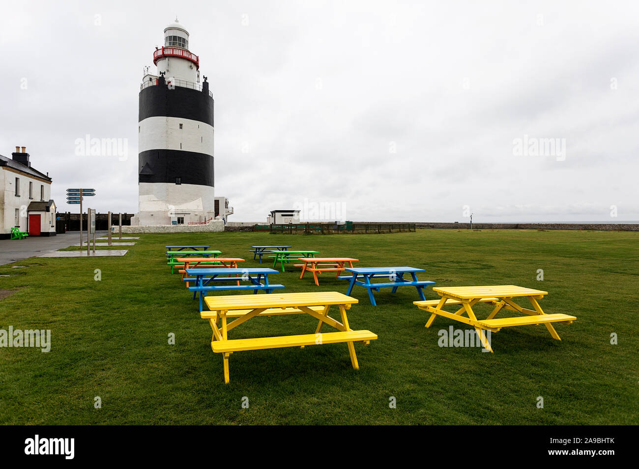 Colorful picnic tables at Hook Head Lighthouse in county Wexford