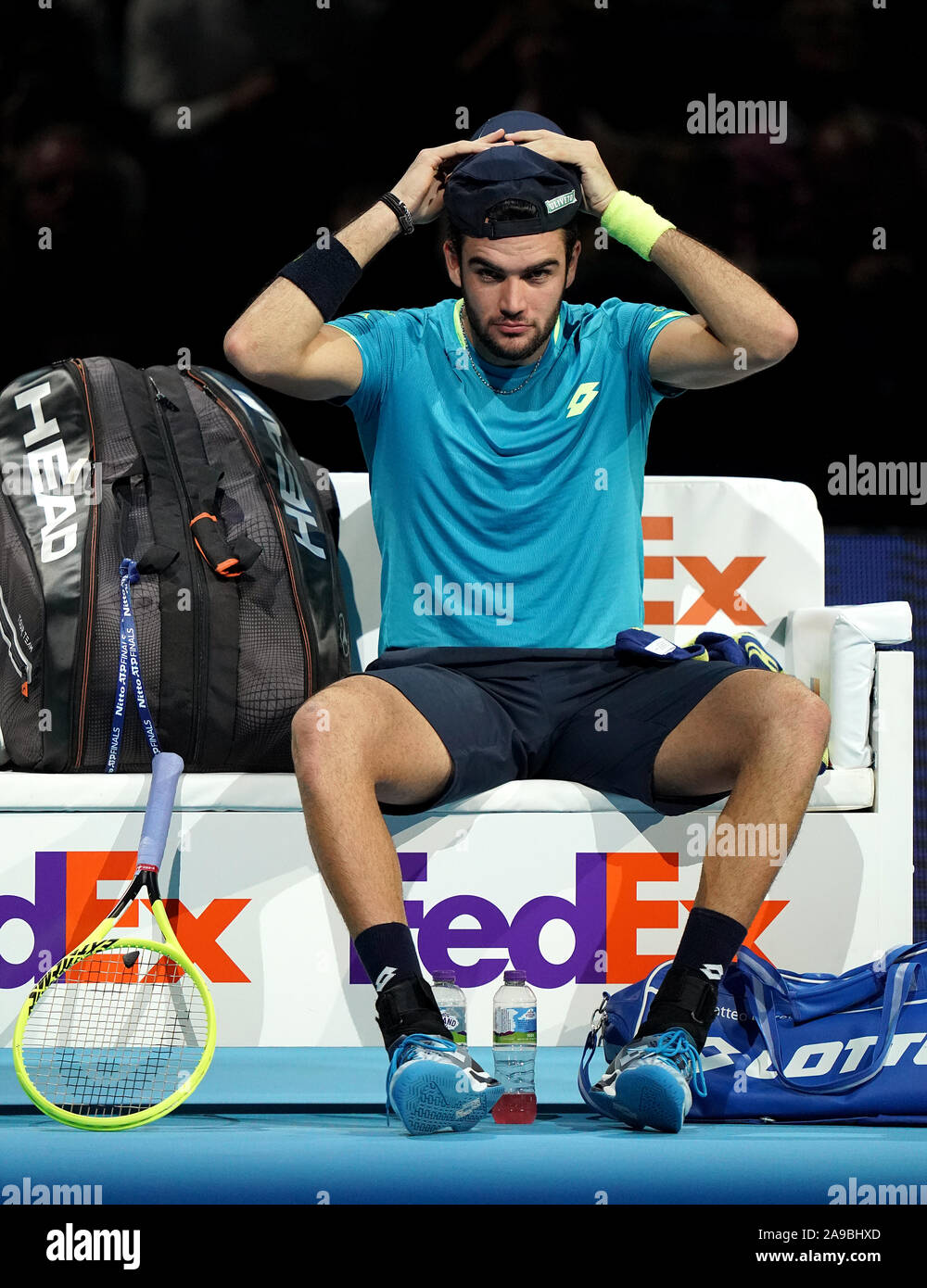 Matteo Berrettini during his match against Dominic Thiem (not pictured) on day five of the Nitto ATP Finals at The O2 Arena, London Stock Photo