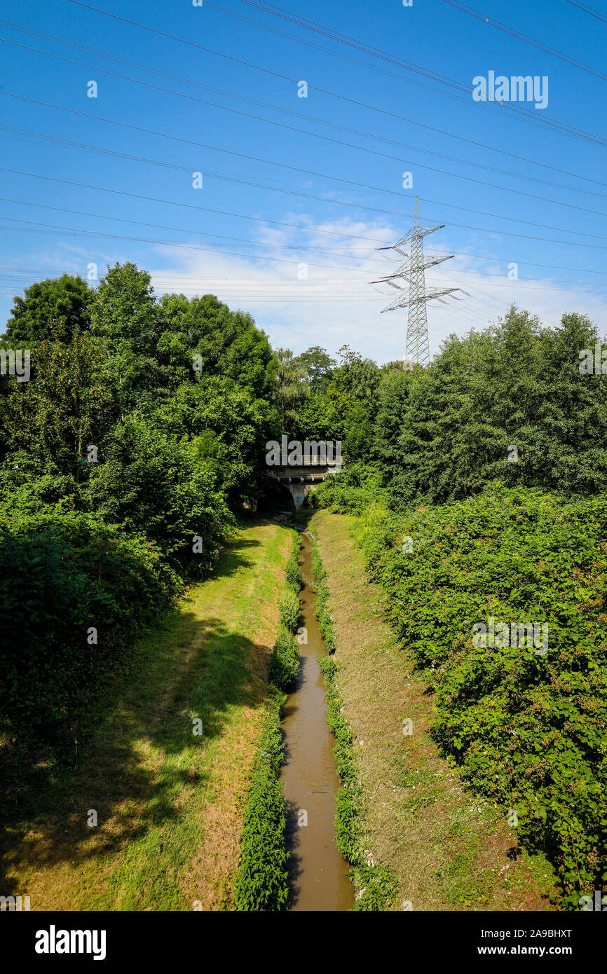 18.07.2019, Herne, North Rhine-Westphalia, Germany - Dorneburger Muehlenbach, before the renaturation here still an open, above-ground sewage channel Stock Photo