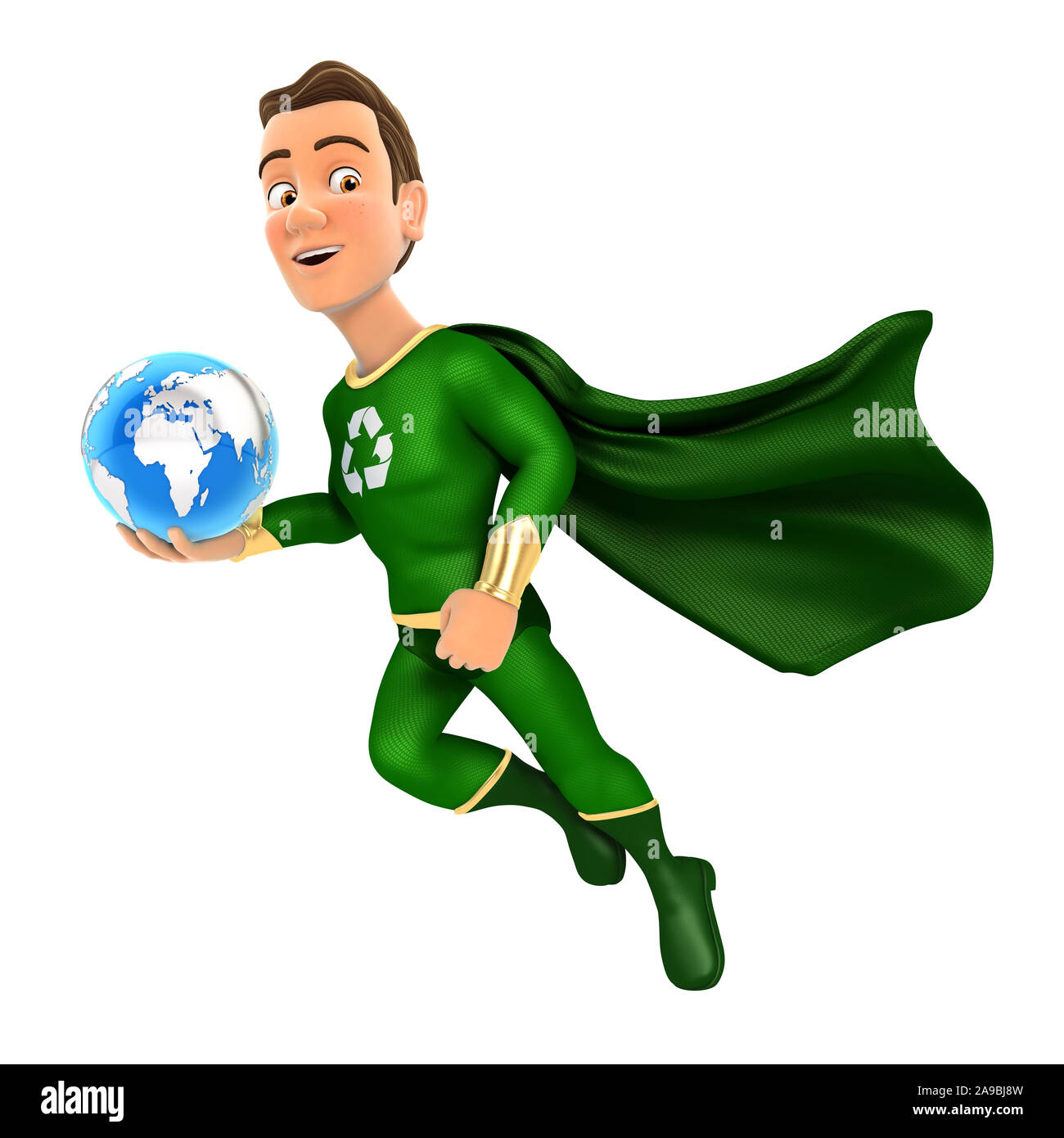 3d green hero flying and holding blue earth, illustration with isolated white background Stock Photo