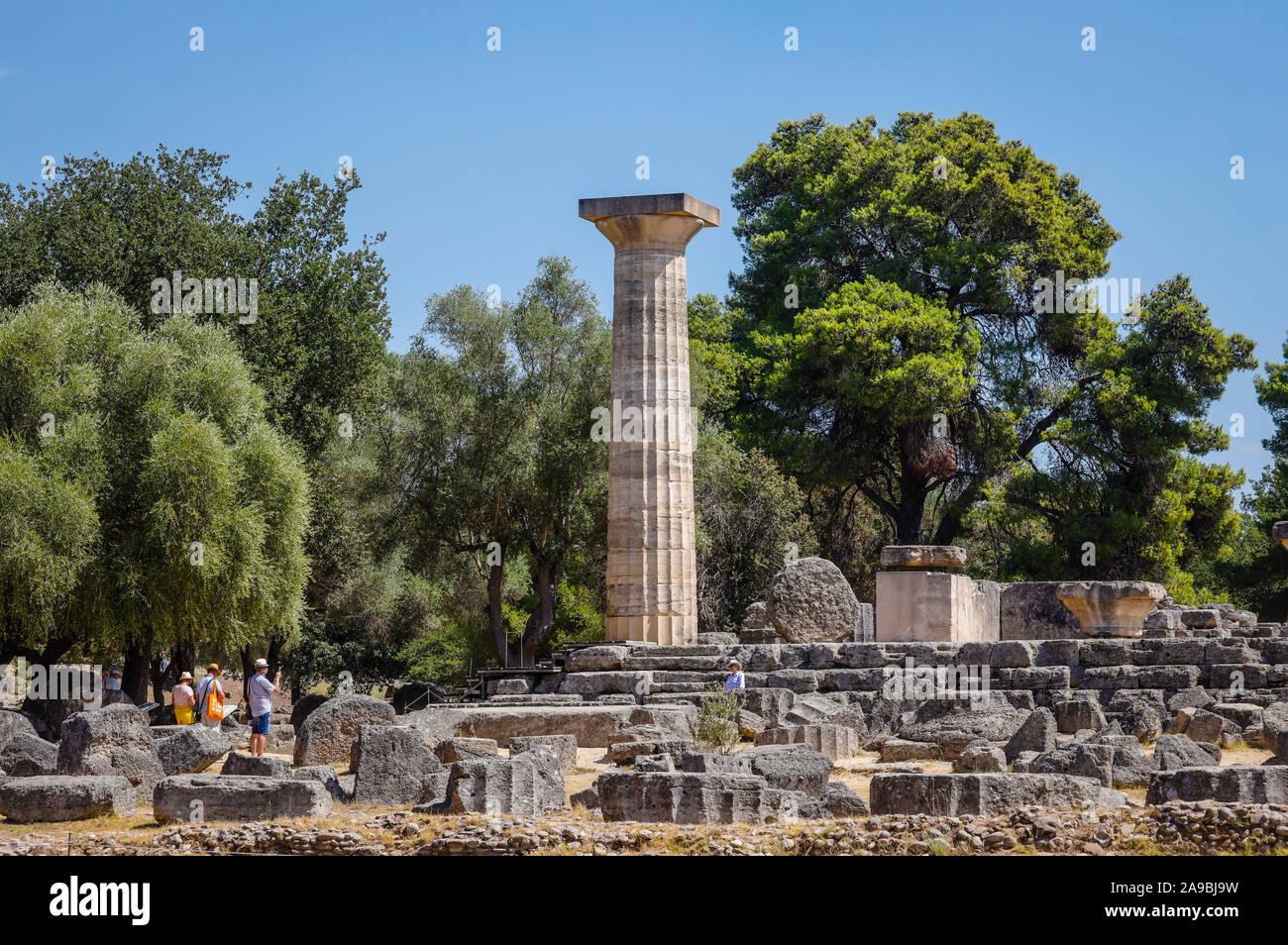 05.09.2019, Olympia, Peloponnese, Greece - Antique Olympia, here remains of columns from the temple of Zeus. 00X190905D048CAROEX.JPG [MODEL RELEASE: N Stock Photo