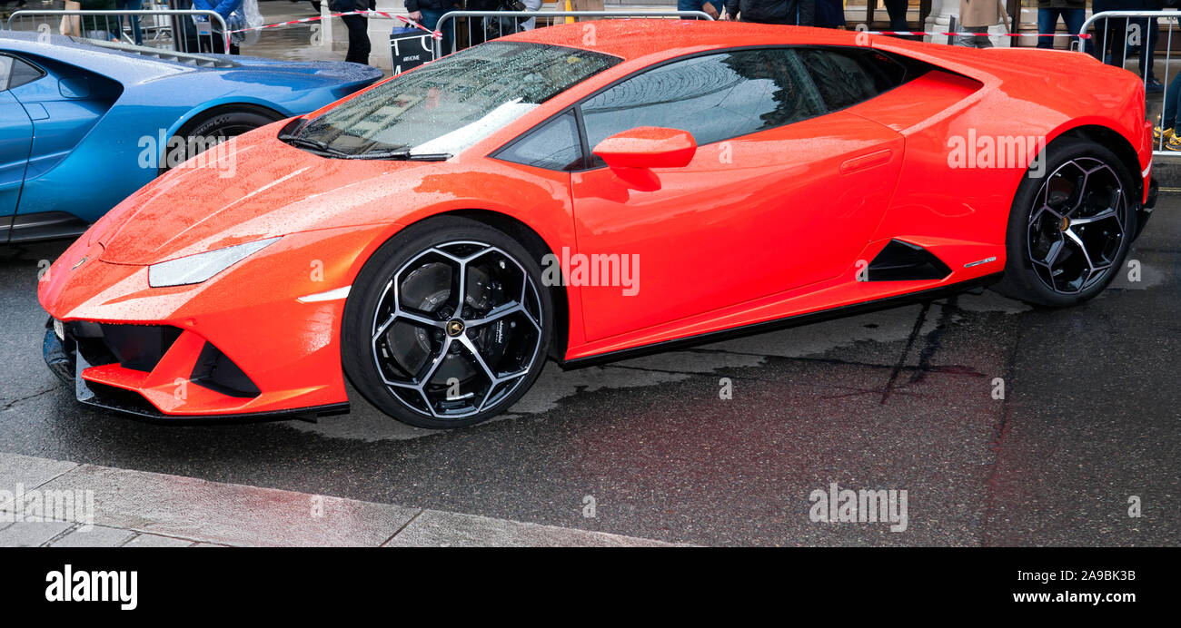 Side-view of a Lamborghini Huracan EVO, on display in the Supercar paddock of the 2019 Regent Street Motor Show Stock Photo