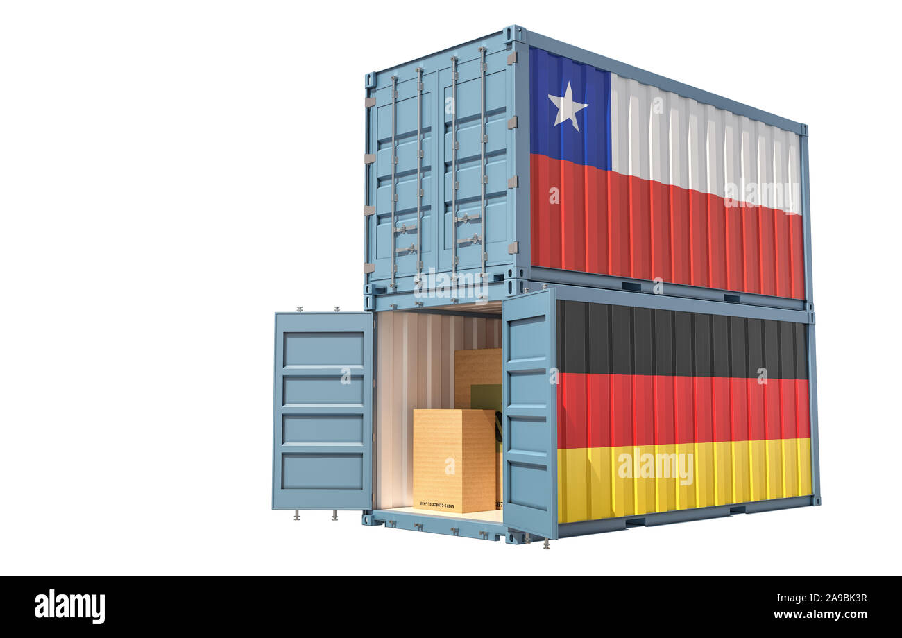 Two freight container with Chile and Germany flag. Isolated on white - 3D Rendering Stock Photo