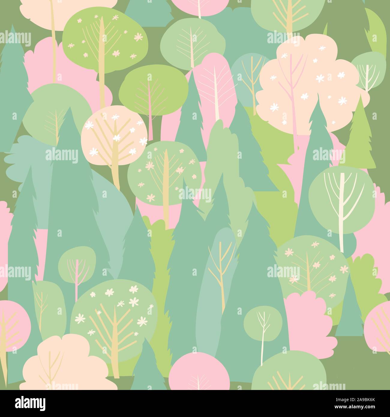 Seamless vector blossom forest pattern. Spring background Stock Vector