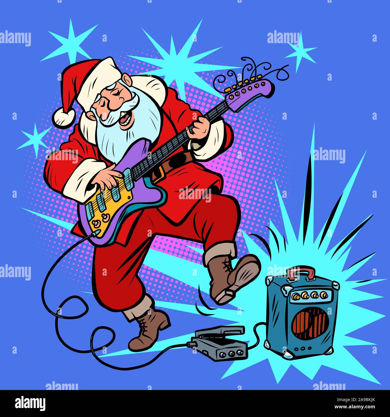 playing the electric guitar. Santa Claus character Christmas new year Stock Vector