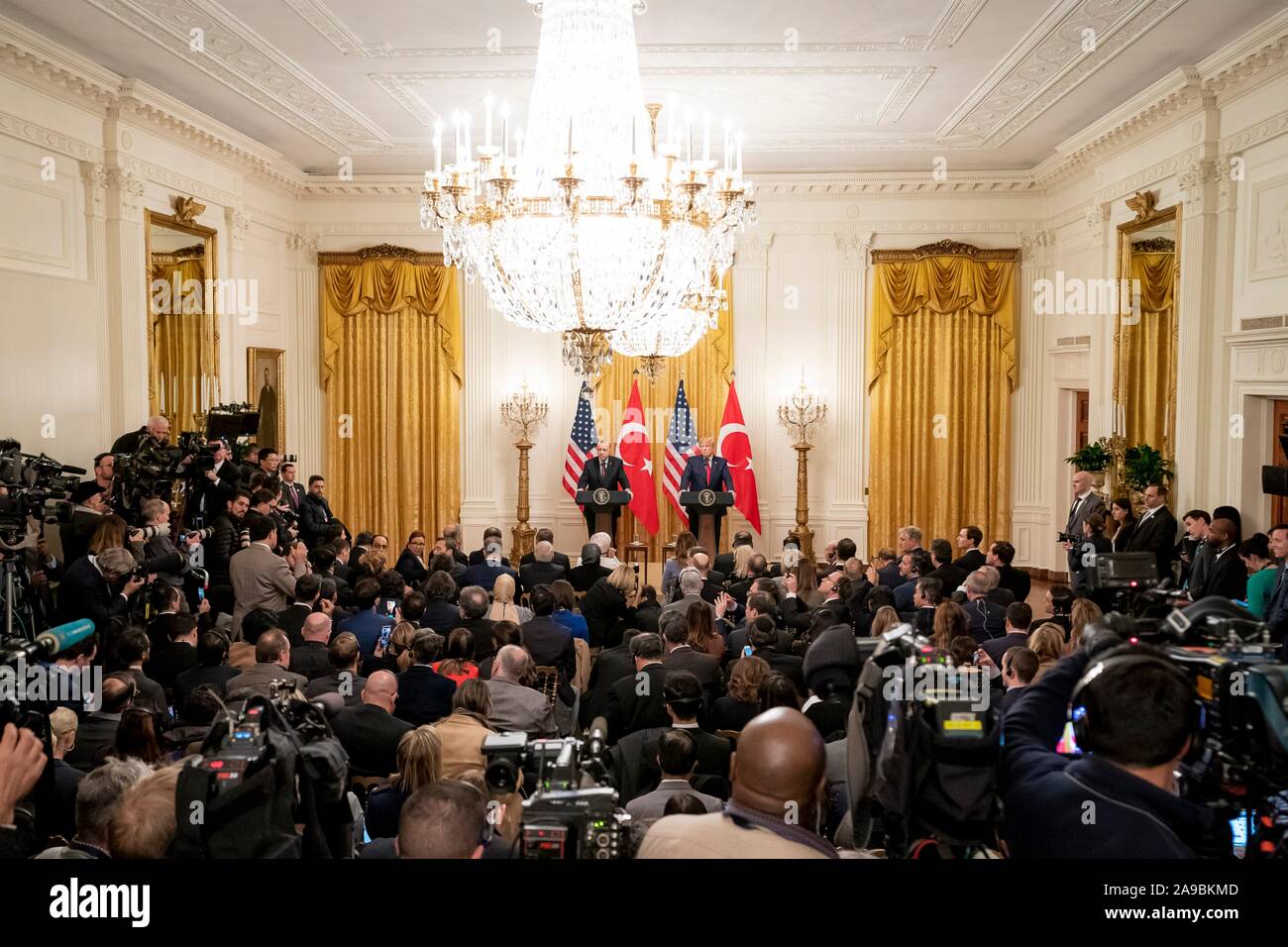 Washington, United States of America. 13 November, 2019. U.S President Donald Trump and Turkish President Recep Tayyip Erdogan during a joint press conference in the East Room of the White House November 13, 2019 in Washington, DC.  Credit: Tia Dufour/White House Photo/Alamy Live News Stock Photo