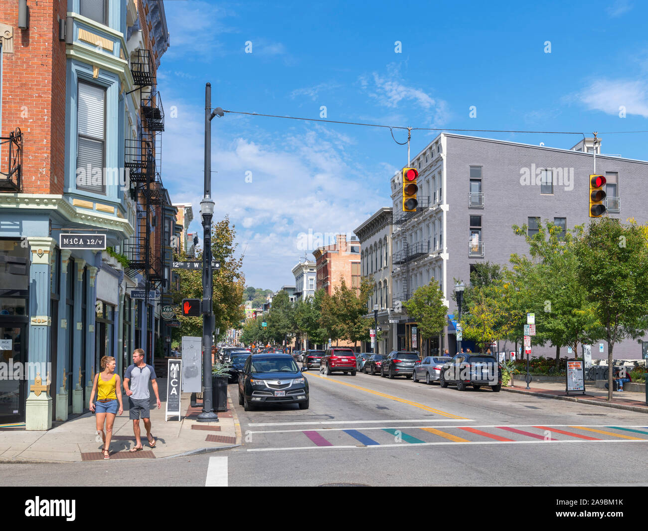 Vine Street at the intersection with 12th St in the historic Over-the-Rhine district, Cincinnati, Ohio, USA. Stock Photo