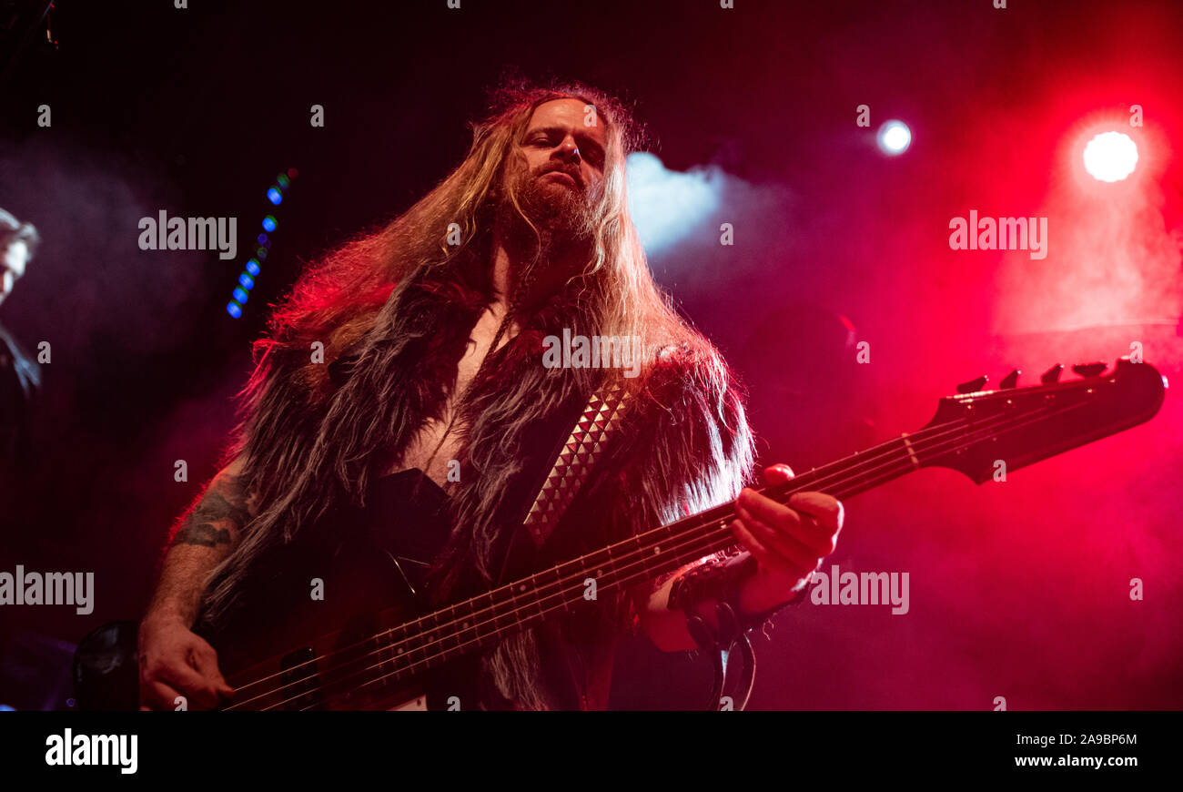 Copenhagen, Denmark. 13th Nov, 2019. The Anglo-Swiss power metal band Gloryhammer performs a live concert at Amager Bio in Copenhagen. Here bass player James Cartwright is seen live on stage. (Photo Credit: Gonzales Photo/Nikolaj Bransholm/Alamy Live News). Stock Photo