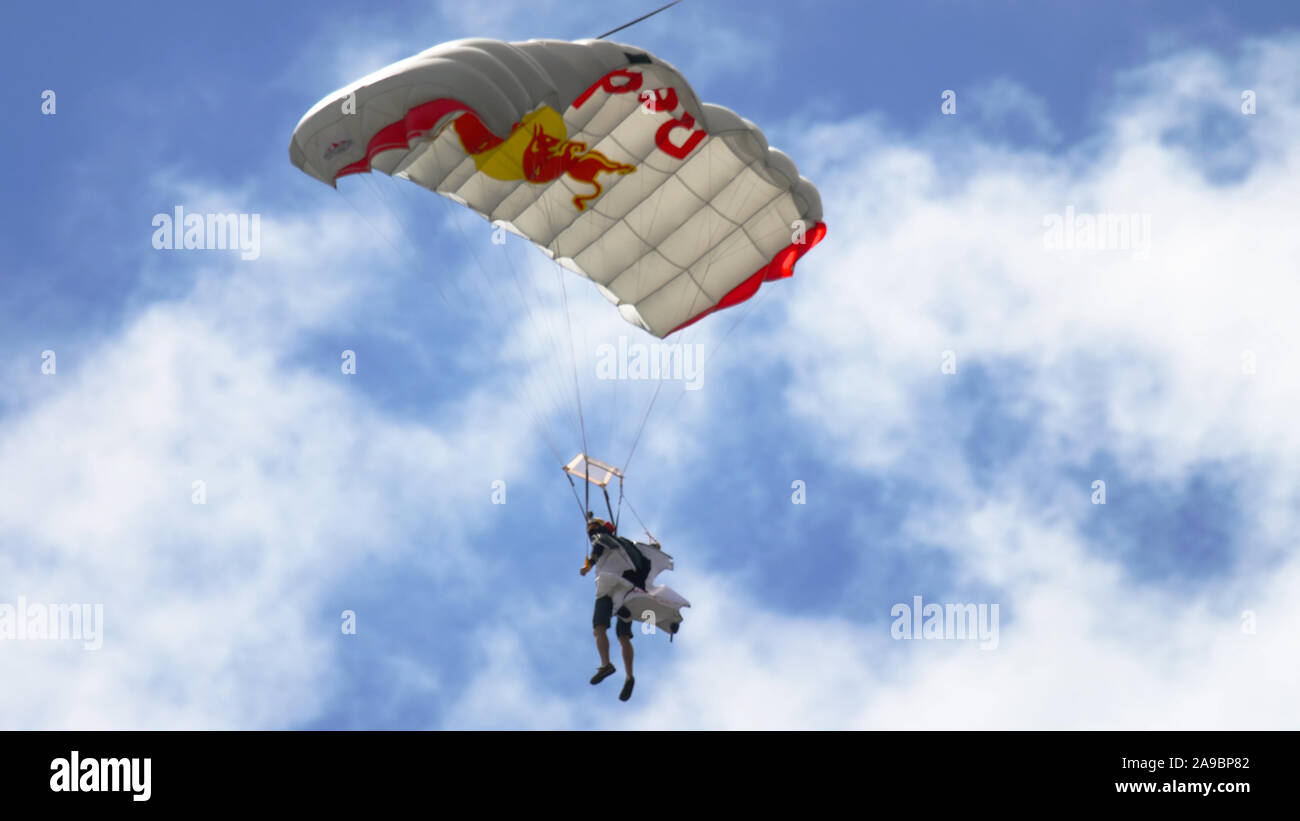Wingsuite skydiver on parachute Stock Photo