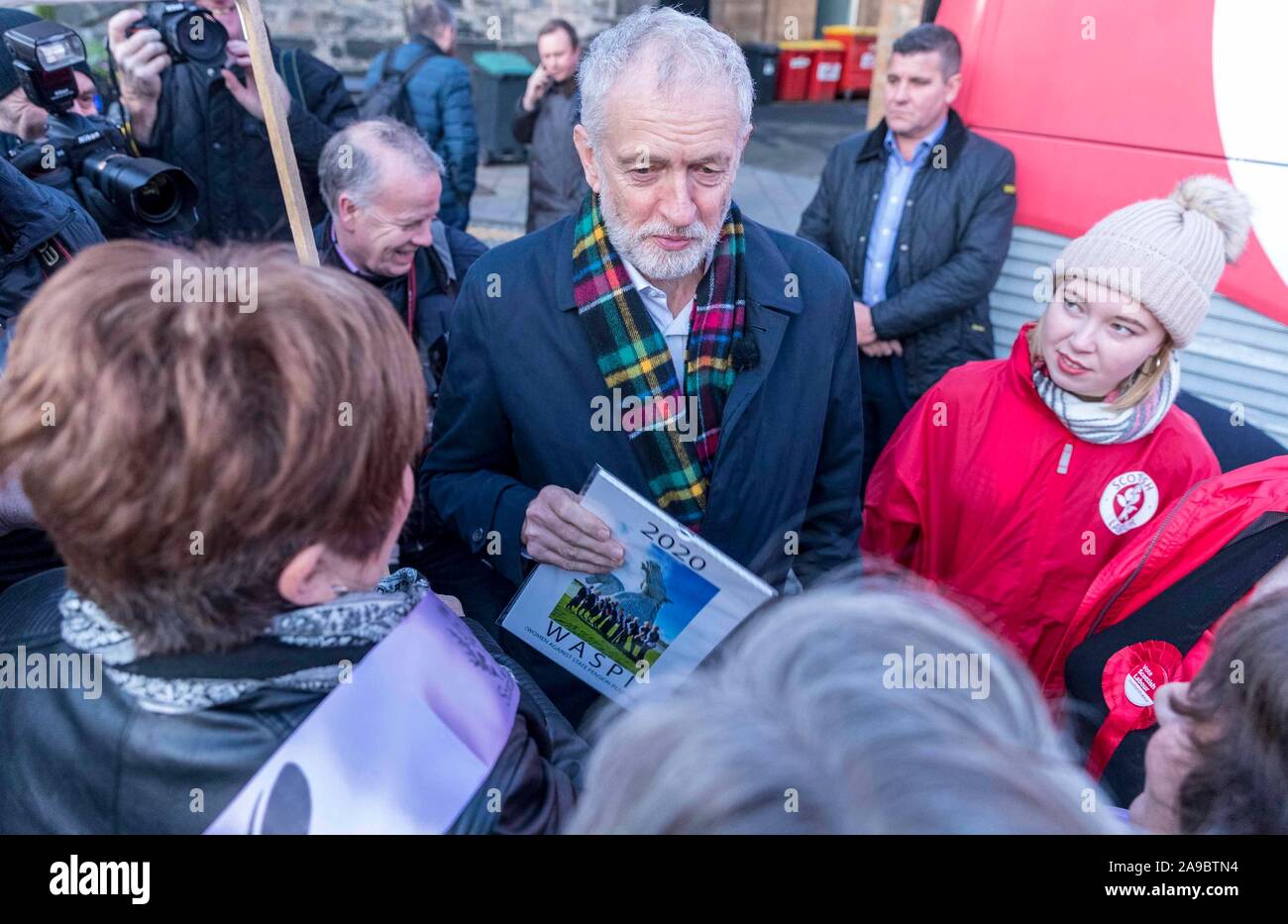 Linlithgow, United Kingdom. 14 November, 2019 Pictured: Jeremy Corbyn at Linlithgow Cross in Linlithgow. Labour leader, Jeremy Corbyn continues his visit to Scotland as part of his UK Election campaign. Credit: Rich Dyson/Alamy Live News Stock Photo