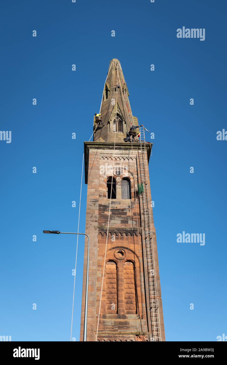 Repair work being undertaken on the spire of St. Andrew's Church in Dumfries. Stock Photo