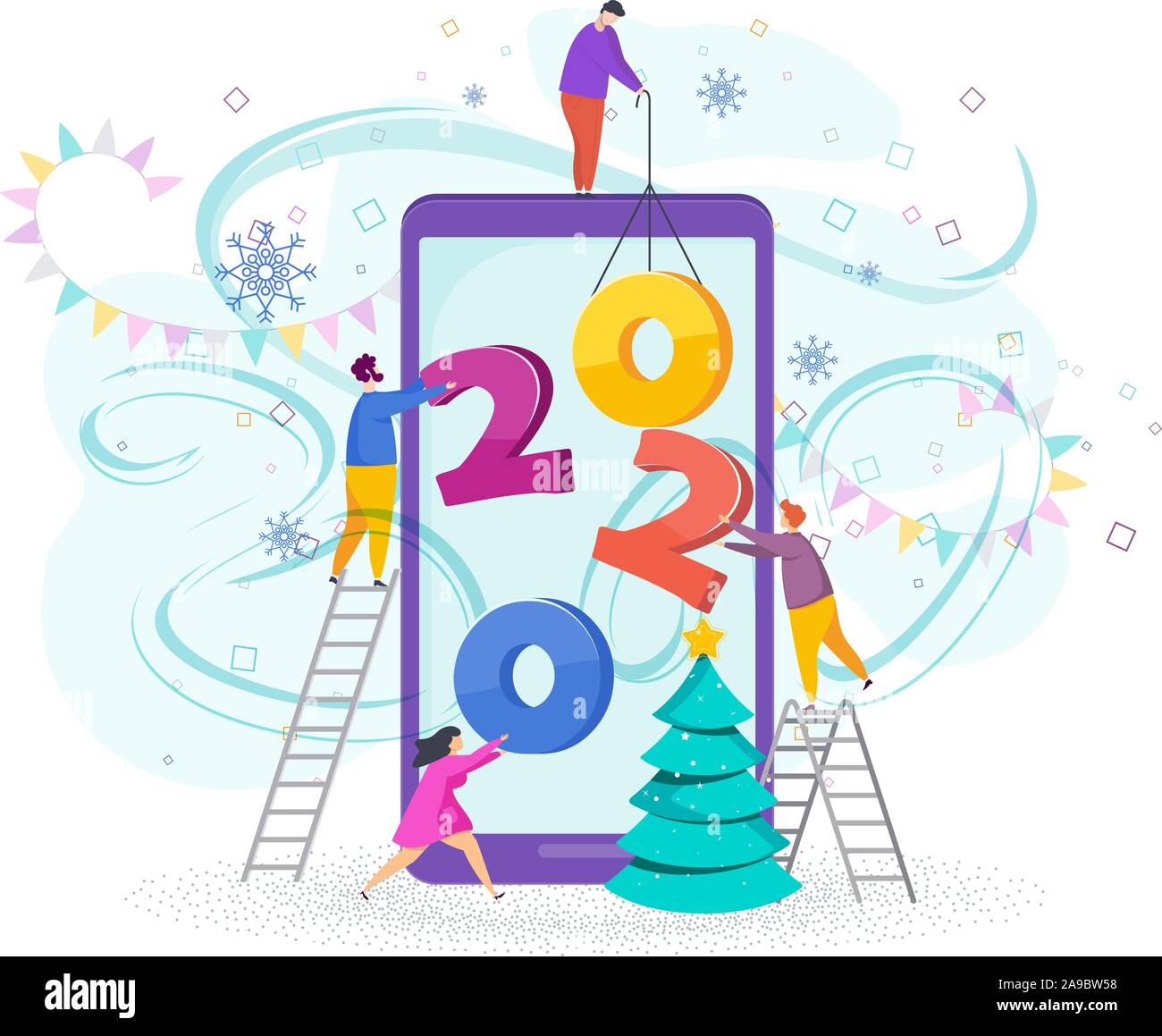 Tiny people set numbers 2020 on the screen of a mobile phone Stock