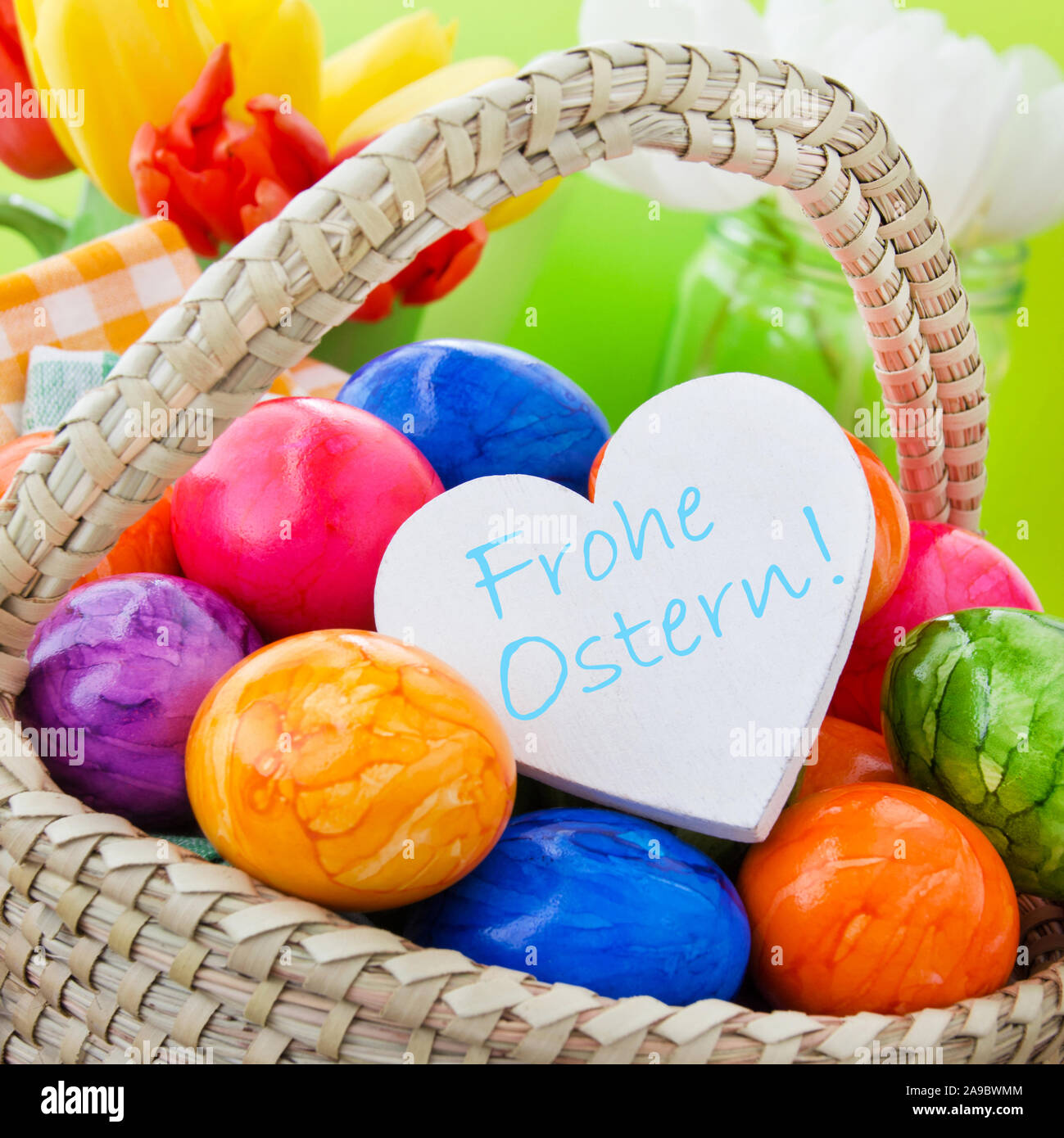 Happy Easter Label and Flowers Stock Photo